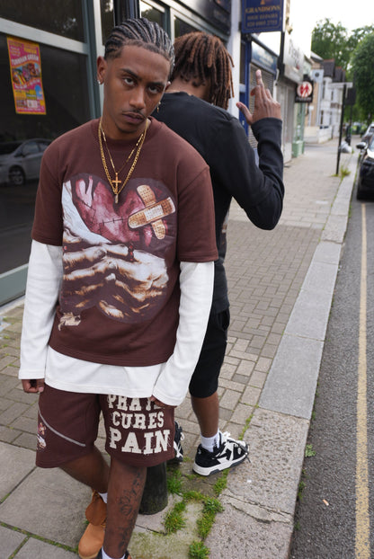 PRAYER CURES PAIN DOUBLE LAYERED TEE BROWN/CREAM