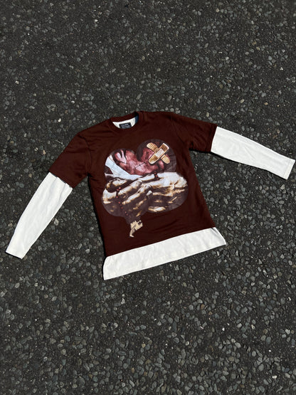 PRAYER CURES PAIN DOUBLE LAYERED TEE BROWN/CREAM