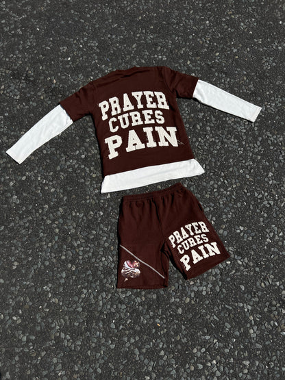 PRAYER CURES PAIN DOUBLE LAYERED TEE BROWN/CREAM